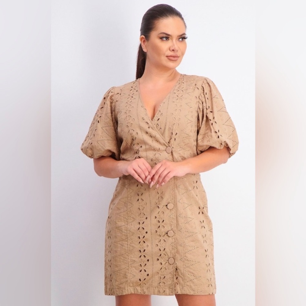 Brown Eyelet Puff Sleeve Mini Wrap Dress